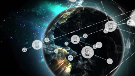 red global de dispositivos conectados y iconos de música animación sobre la tierra