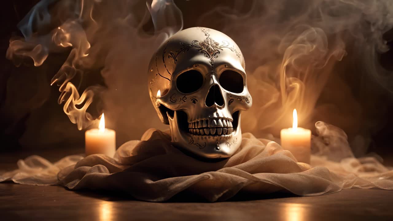 불과 연기가 있는 두개골