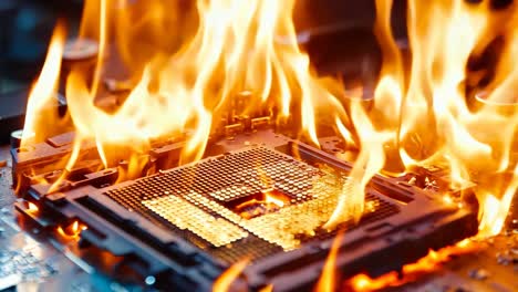 una placa base de computadora en llamas con una cpu en la parte superior
