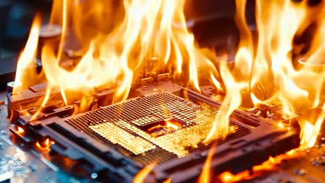 a computer motherboard on fire with a cpu on top of it