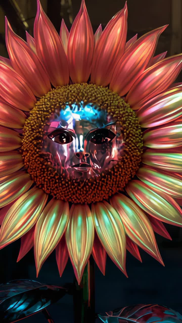 Vertical video: Starting rotating fake sunflower in dark room showing seed head and reflecting mask