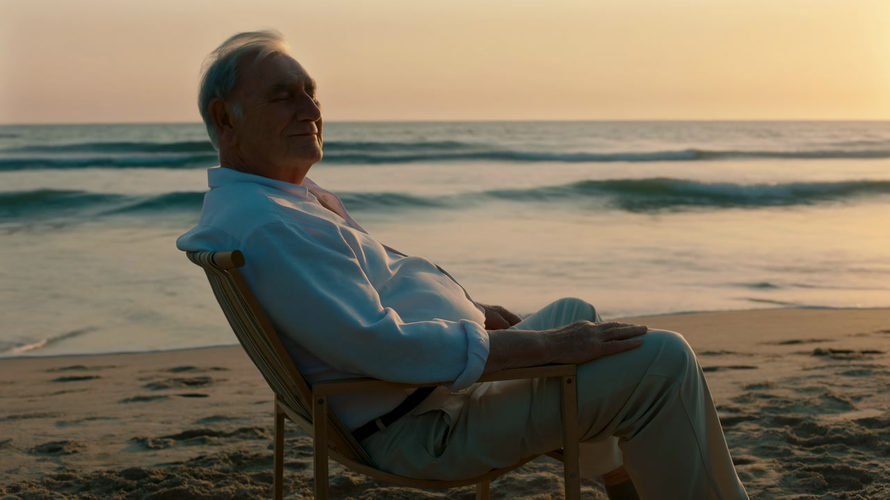 Elderly Man Relaxing on Beach Chair at Sunset