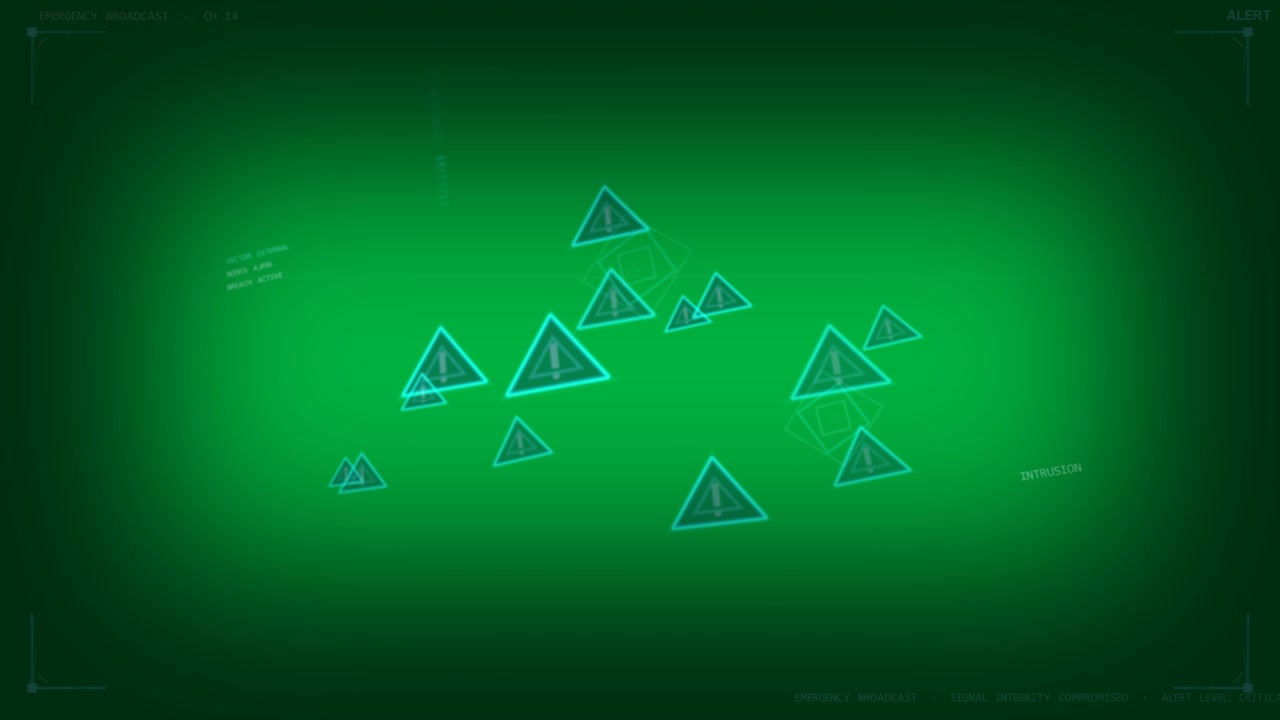 On intrusion cyan triangles growing, nesting, shifting, tagging for shutdown on transparent HUD