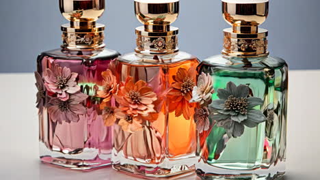 elegant fragrance bottles with floral accents displayed on a table