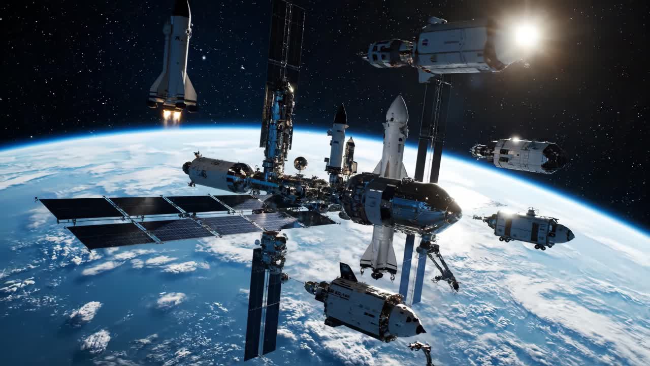 Space Station and Spacecrafts Orbiting Earth