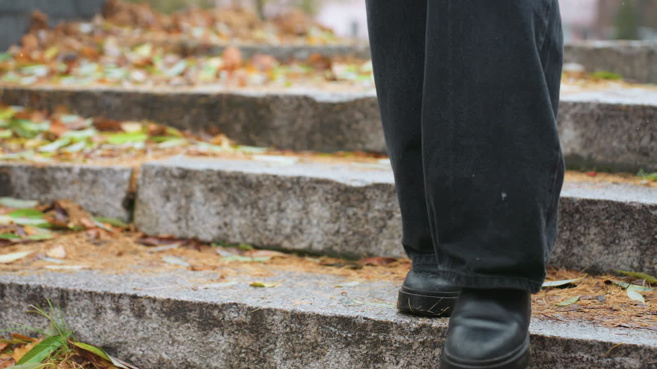 Human legs walking down stone steps during light snowfall, wearing black jeans and black boots, with colorful autumn leaves scattered along the path creating a seasonal vibe