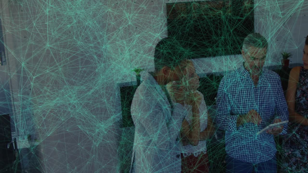 Colleagues standing in modern office meeting area visualizing business tech network data on display