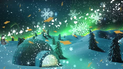animation of snow falling over christmas winter scenery