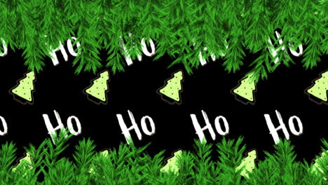 animación de ramas de abeto y regalos sobre texto ho ho