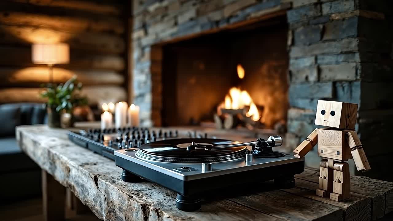 A wooden robot standing next to a turntable on a table in front of a fireplace