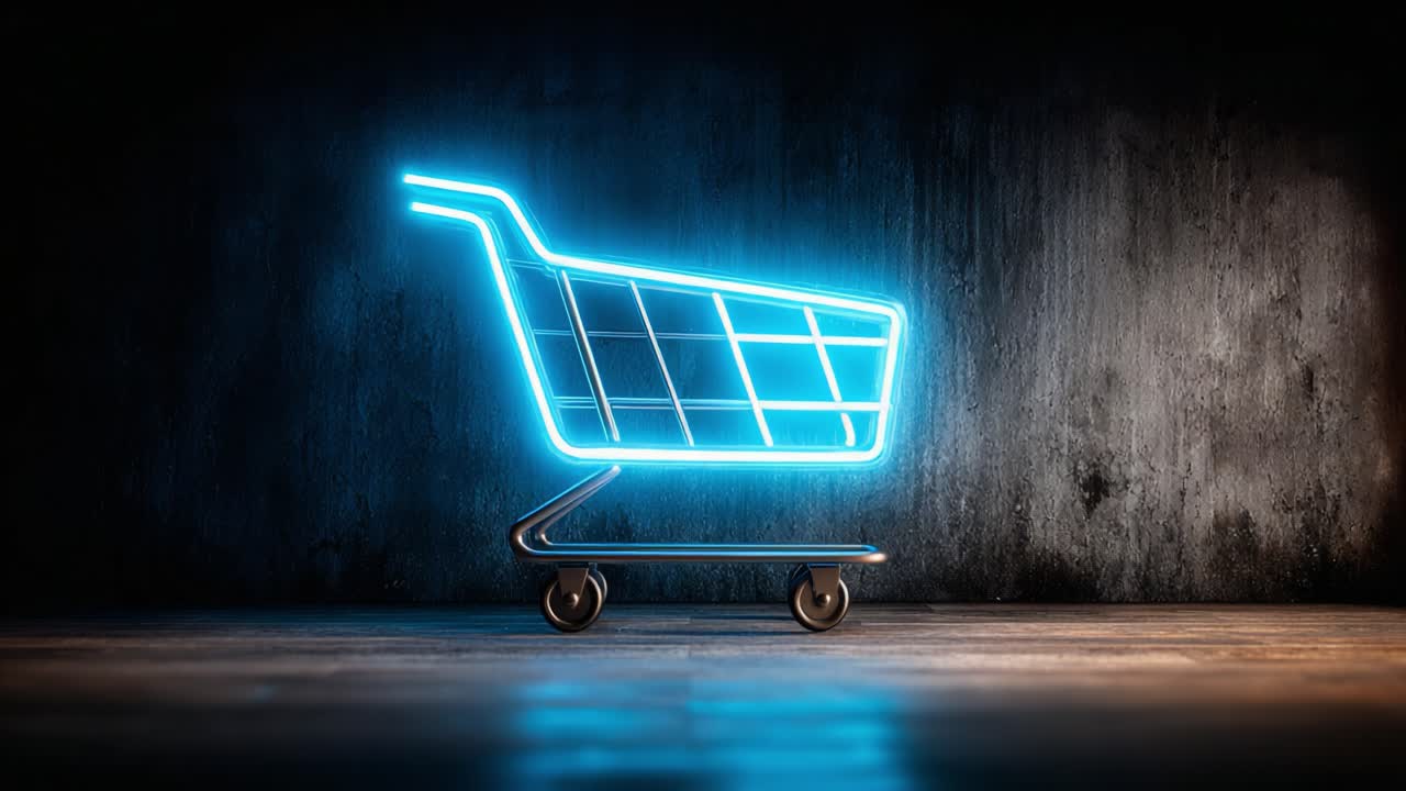 A Brightly Glowing Neon Shopping Cart on a Dark Background, Symbolizing Modern Online Shopping and Digital Consumerism Trends