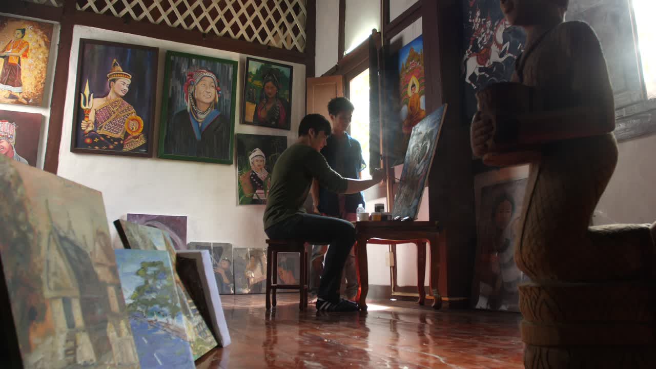 Teacher Looking Young Artist Painting, Slow Motion