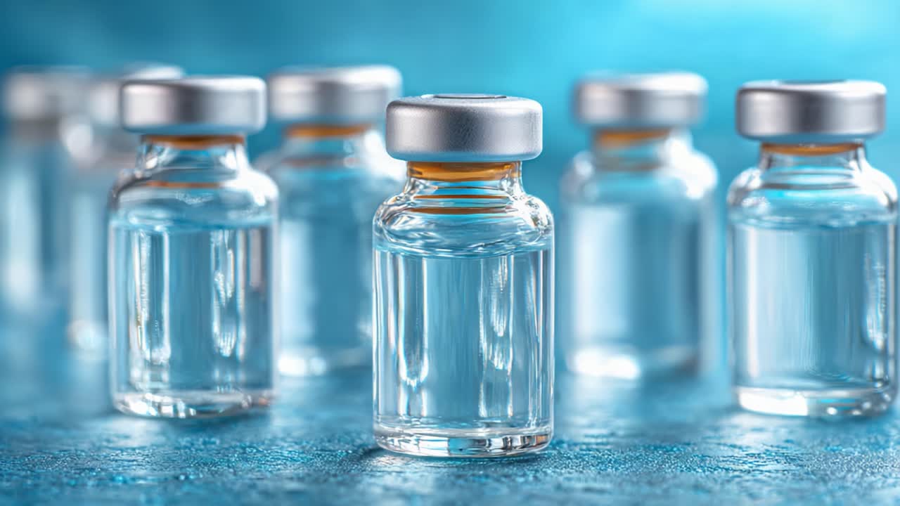 Fila de viales médicos transparentes llenos de líquido sobre un fondo azul brillante, destacando la salud y la precisión en la fabricación farmacéutica.