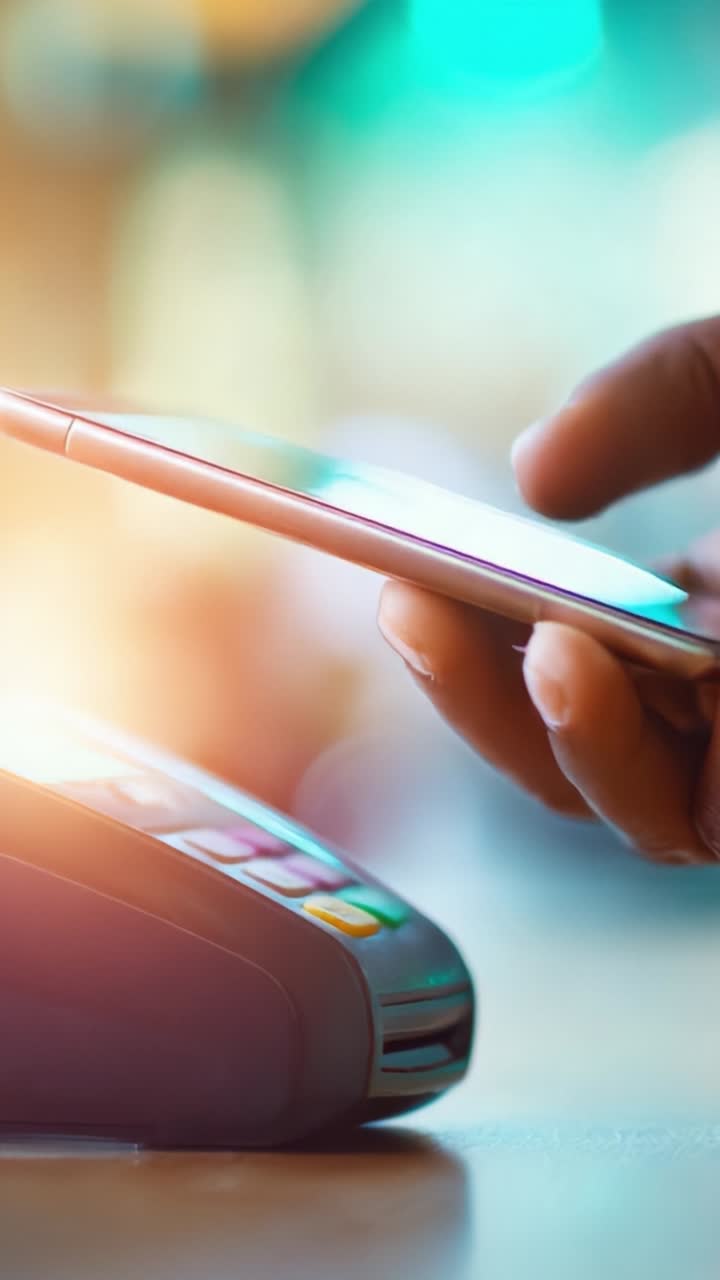 Seamless Contactless Payment Experience: A Person Using a Smartphone Over a Card Reader Device for Quick and Easy Transactions in a Bright Environment