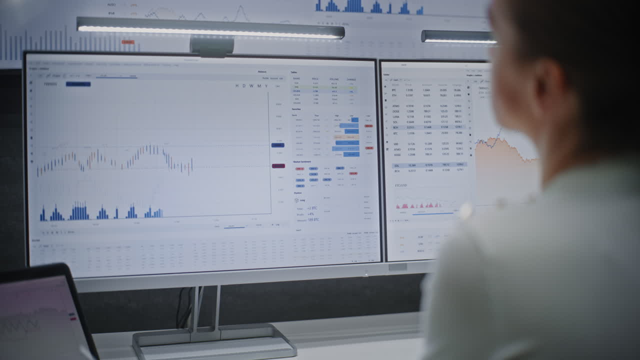 Female Financial Analyst Working on Computer with Multi-Monitor Workstation, Monitoring Real-Time Stocks and Exchange Market Charts. Successful Businesswoman in Financial Agency Office. Vertical Shot.