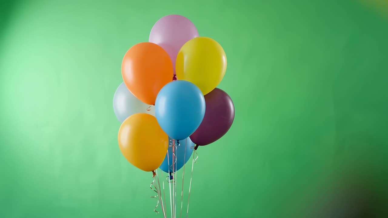 Swaying bouquet of nine helium balloons responding to air current against studio green backdrop