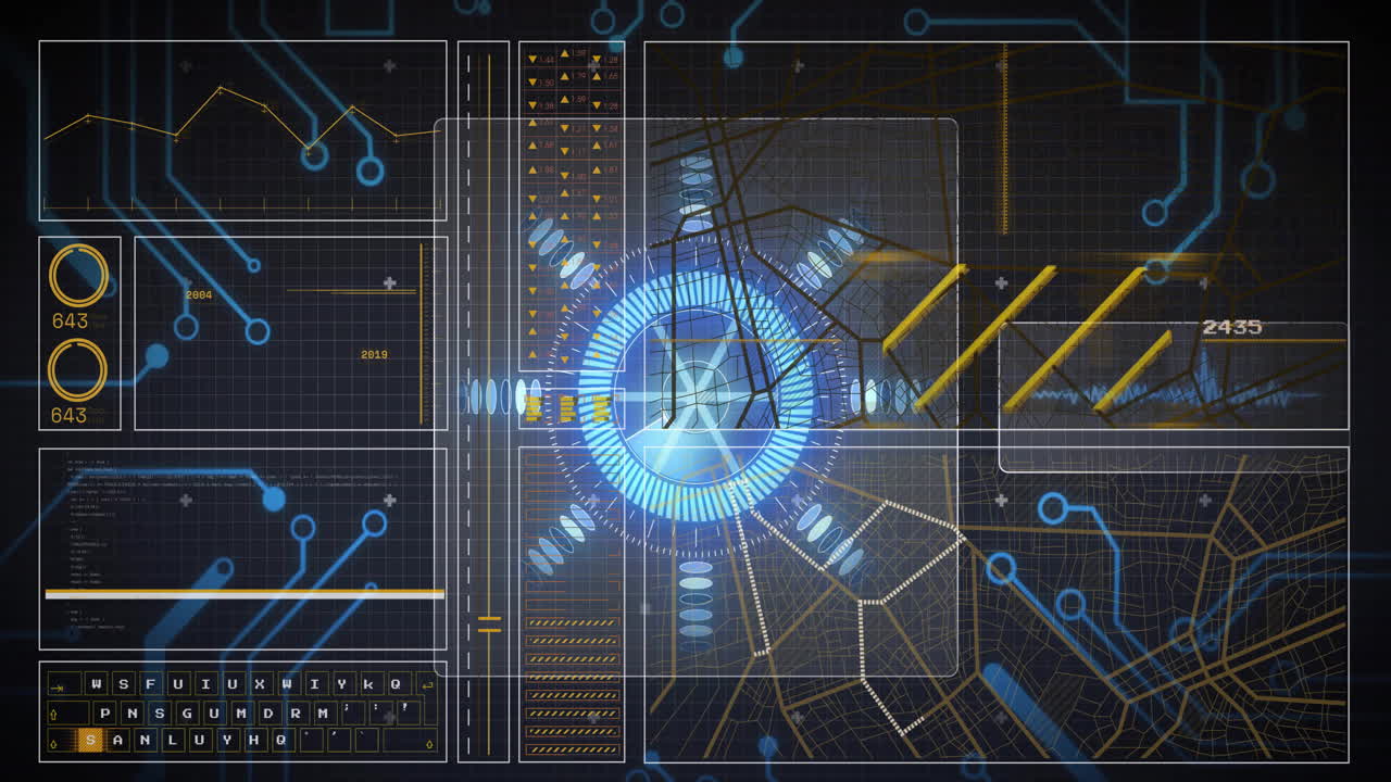 Glowing blue animation with futuristic digital interface and data grids