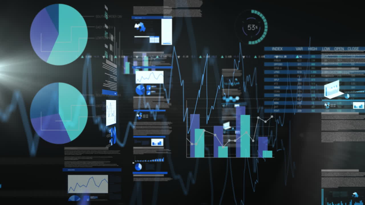 Data analytics and graphs animation over digital interface with charts and diagrams