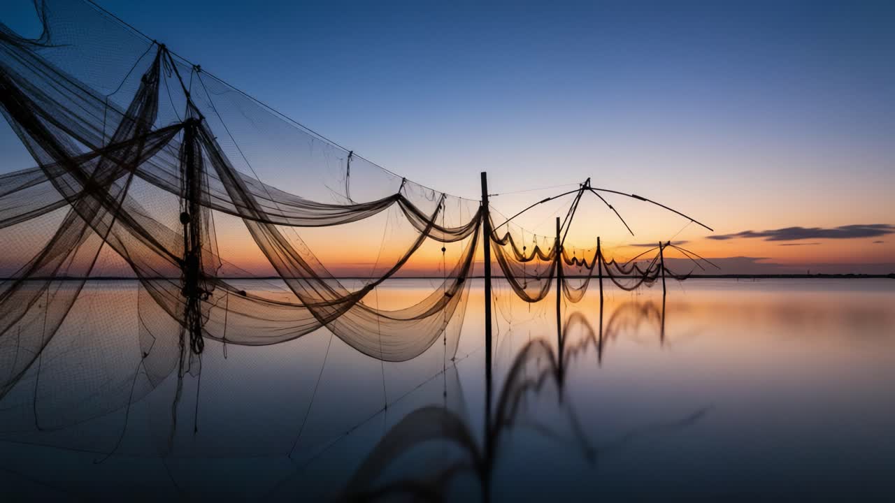 Alba serena su acque tranquille: una vista affascinante di reti da pesca che si stagliano contro un cielo colorato all'alba, che si riflette nella superficie calma sottostante