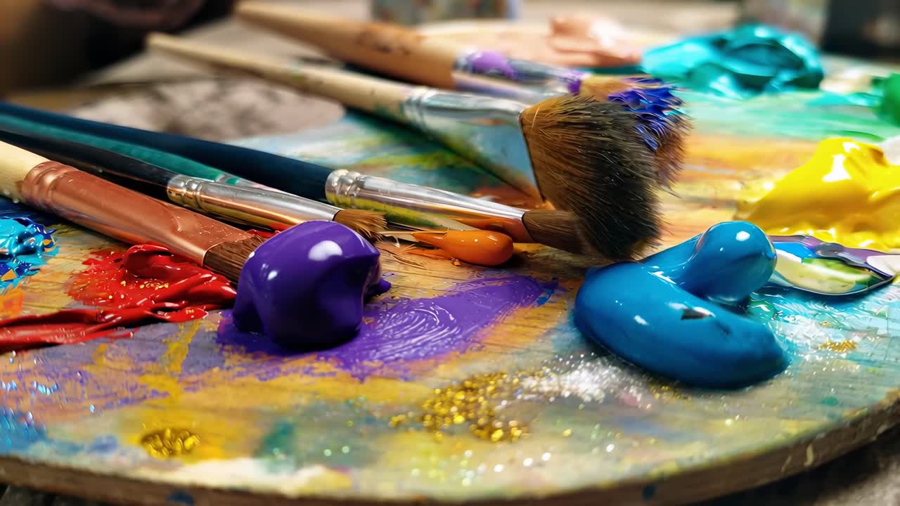 Video ravvicinato di pennelli su una tavolozza con colori vivaci, ripreso dal basso.