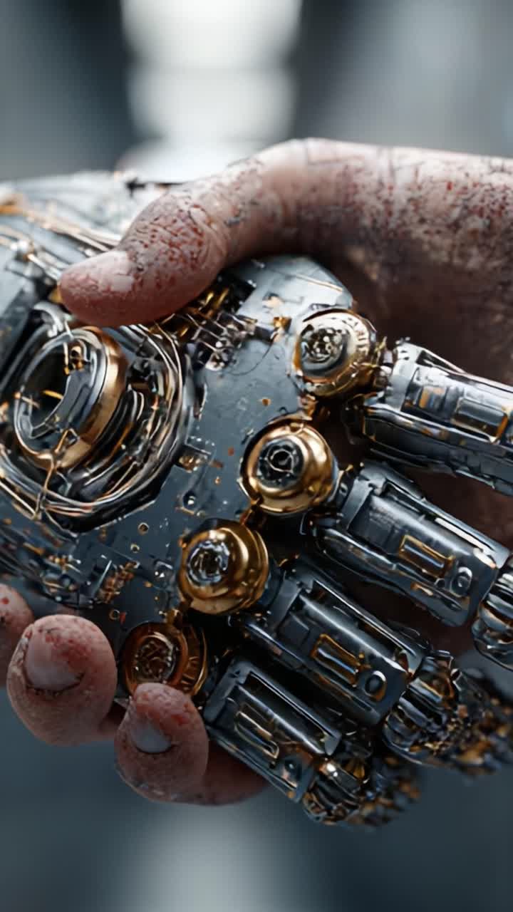 Un primo piano di una mano robotica futuristica che mette in mostra intricati dettagli meccanici e una combinazione di texture metalliche, evidenziando la tecnologia e l'interazione umana in modo visivamente sorprendente