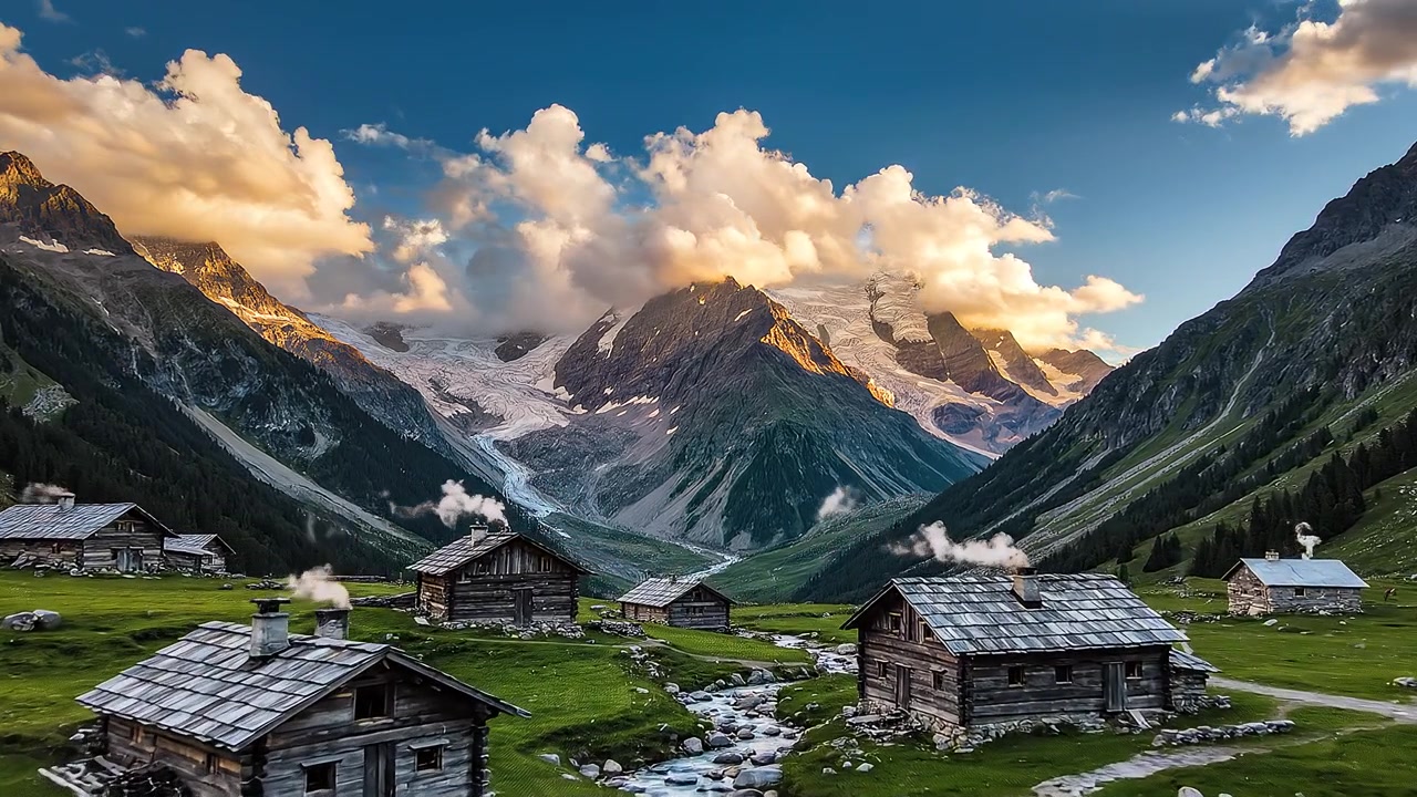 Panoramica valle di montagna con rustiche baite in legno al tramonto.