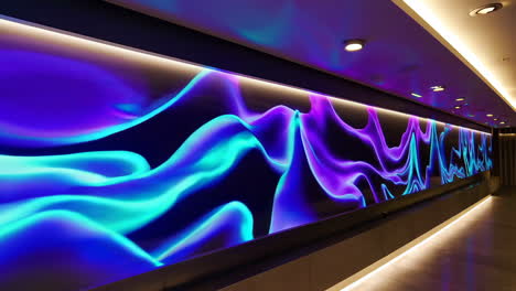 abstract glowing blue and purple wave display in modern corridor