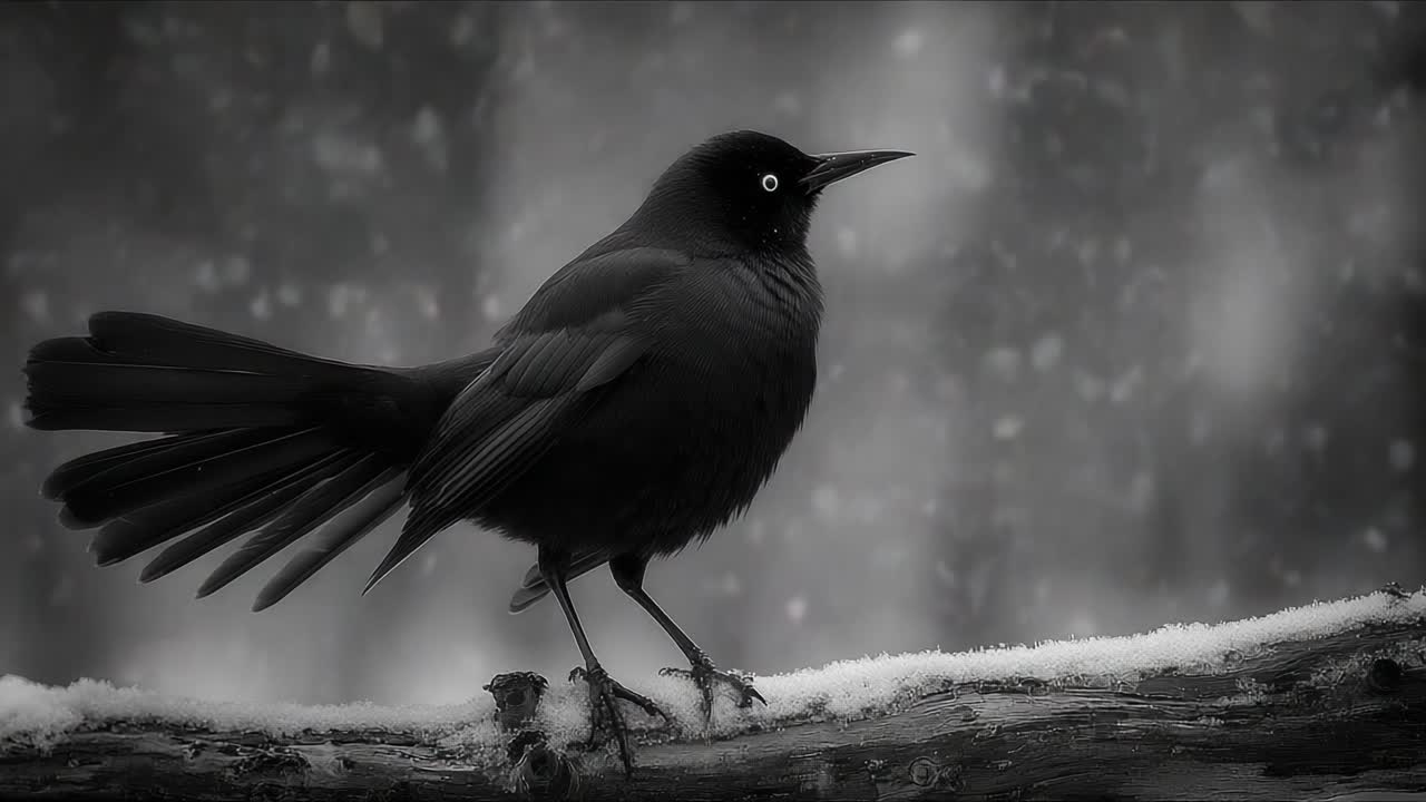 Un sorprendente uccello nero si erge elegantemente su un ramo coperto di neve durante una serena scena invernale, catturato in monocromia tra fiocchi di neve che cadono.