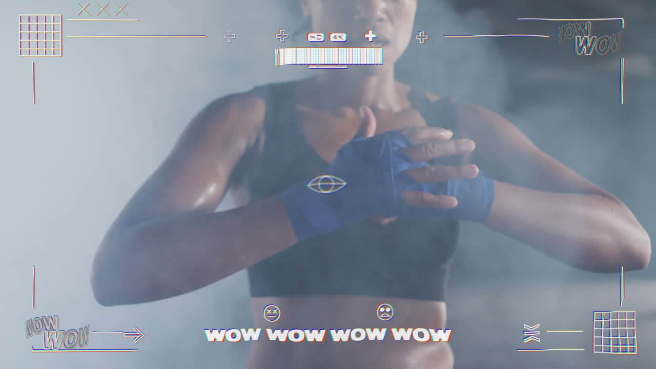 비디오 게임 인터페이스의 디지털 애니메이션 여성이 주먹을  ⁇ 고 있습니다.