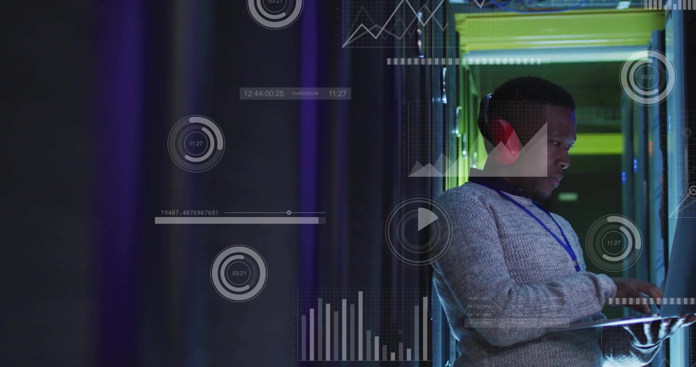 Tapping tablet, typing, tech monitoring servers in server room, HUD, red headset, copy space