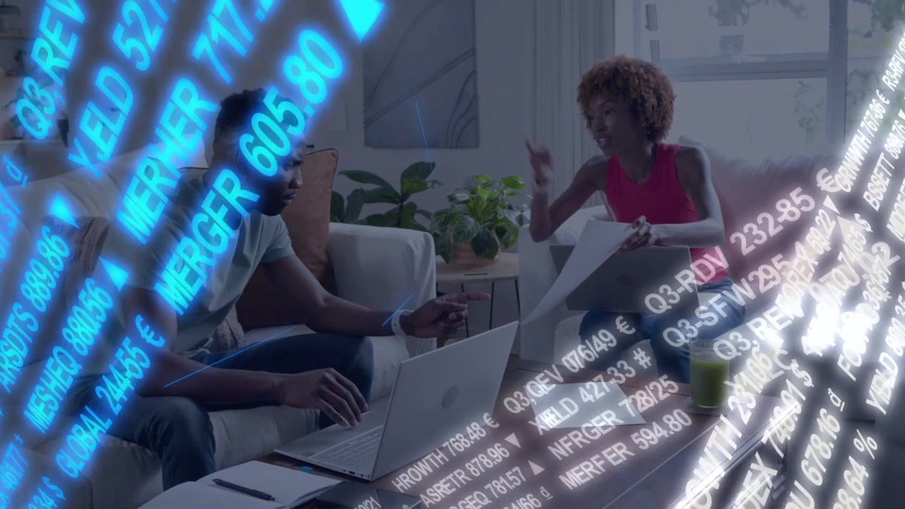 Man and woman handing papers and typing in home, overlay sweeping and initiating financial review