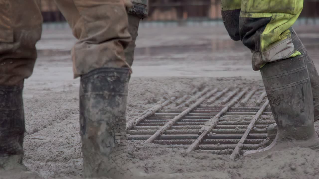 Workers in muddy boots at construction site in slow motion