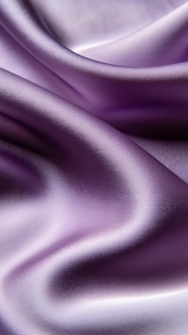 Video verticale: Tessuto di raso viola che ondeggia e si sposta mentre i fotogrammi cambiano in studio, con un effetto lucido.