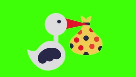 2d animated illustration of a stork carrying a bundle on a green screen