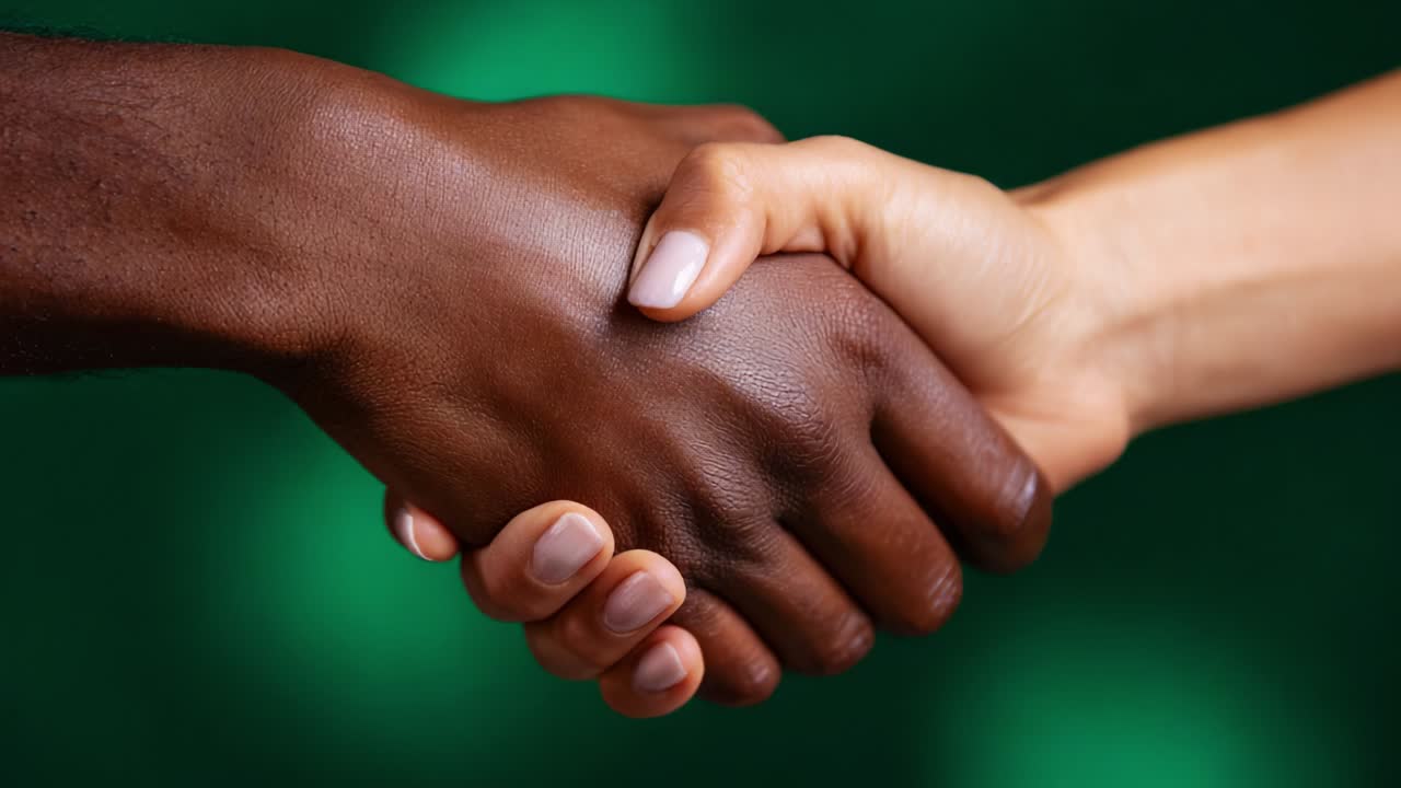 A Powerful Handshake Between Two Individuals Symbolizing Unity and Collaboration, Reflecting Strength, Trust, and Mutual Respect in a Meaningful Connection Against a Green Background
