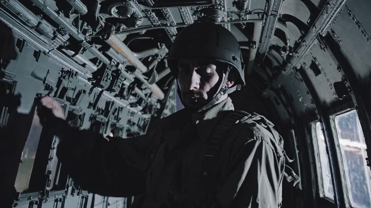 personal militar en equipo táctico asegurando la puerta de la aeronave, escaneando el entorno durante la preparación previa a la misión para el despliegue aéreo nocturno, mostrando una intensa preparación profesional