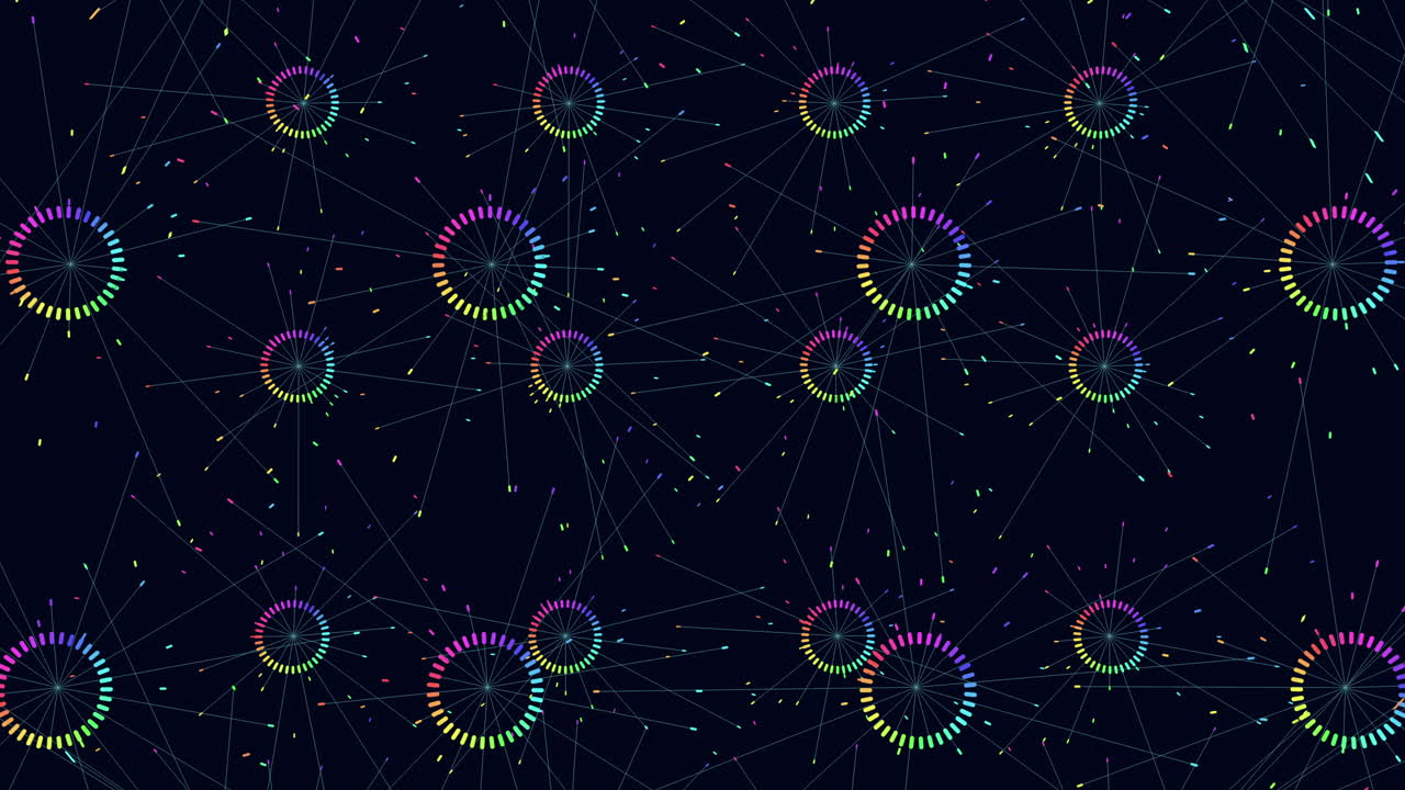 esferas de neón y anillos con puntos y líneas en degradado negro