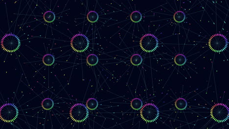 neon spheres and rings with dots and lines on black gradient