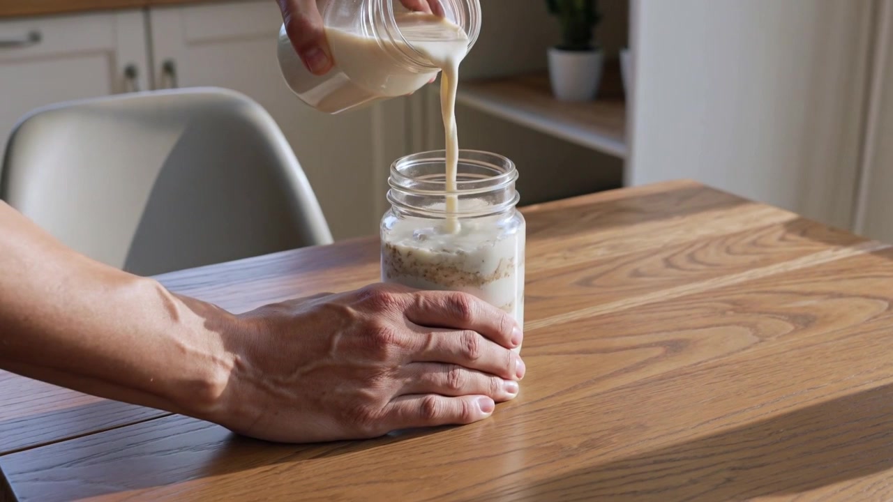 Posizionamento di un barattolo di vetro, mani e braccia che lo stabilizzano, mentre si inclina una brocca di latte per inzuppare l'avena sul tavolo.