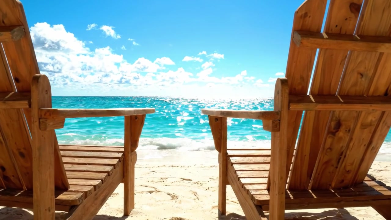 Eine ruhige Strandszene mit zwei Holzstühlen, die auf lebhaftes Meerwasser unter einem klaren blauen Himmel blicken, mit sanften Wellen und weichem Sand.