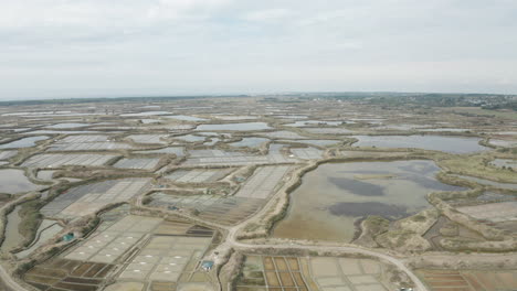 aerial drone point of view of the marais salants de guerande or guerande salt marshes