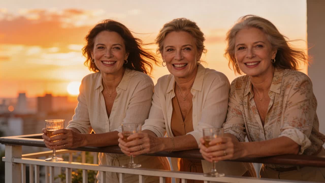 Tre kvinder læner sig ved altanrækværk under solnedgang, iført lyse bluser, holder glas på stilk.