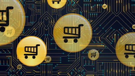 animation of shopping cart icons over integrated circuit