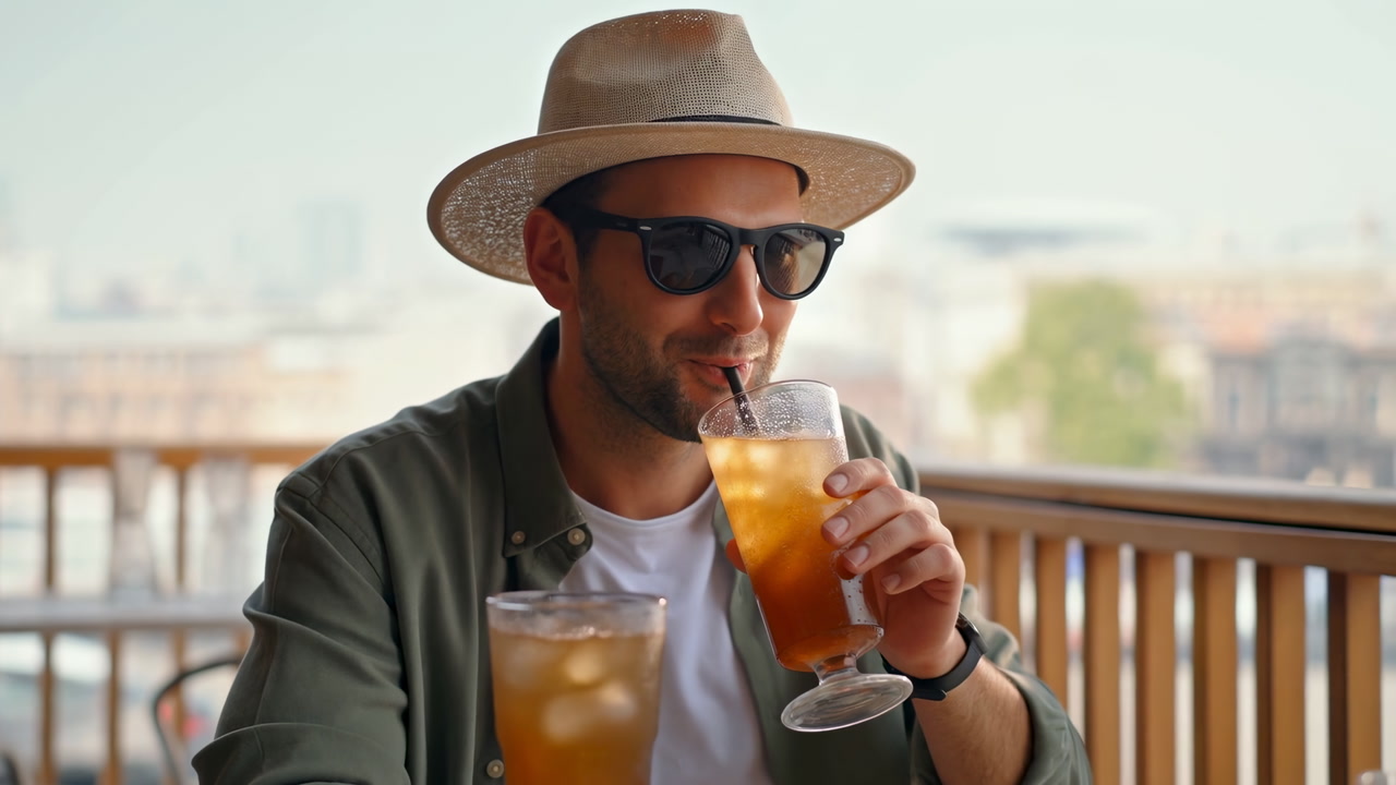 White Man On Balcony Sipping Iced Tea, Sunlit Urban Terrace With Straw Hat And Sunglasses, Smiling Traveler