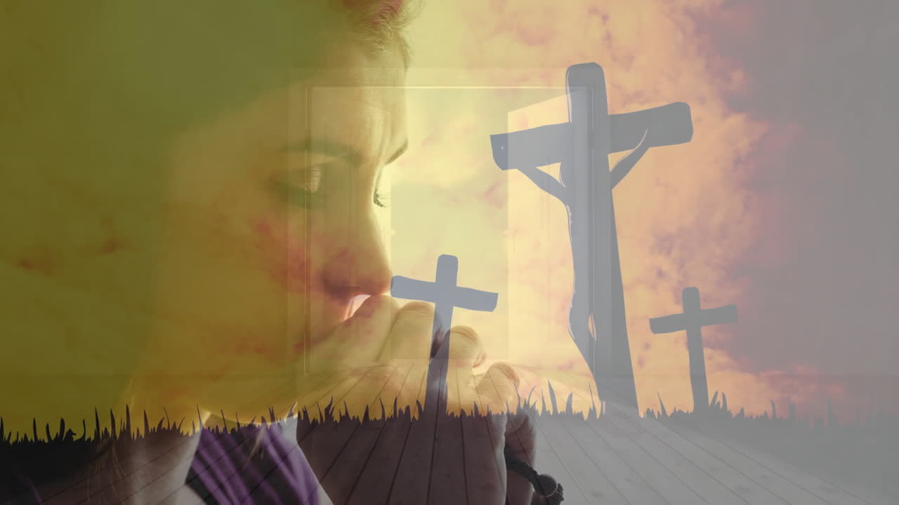 기도하는 백인 여성 위에 십자가의 애니메이션