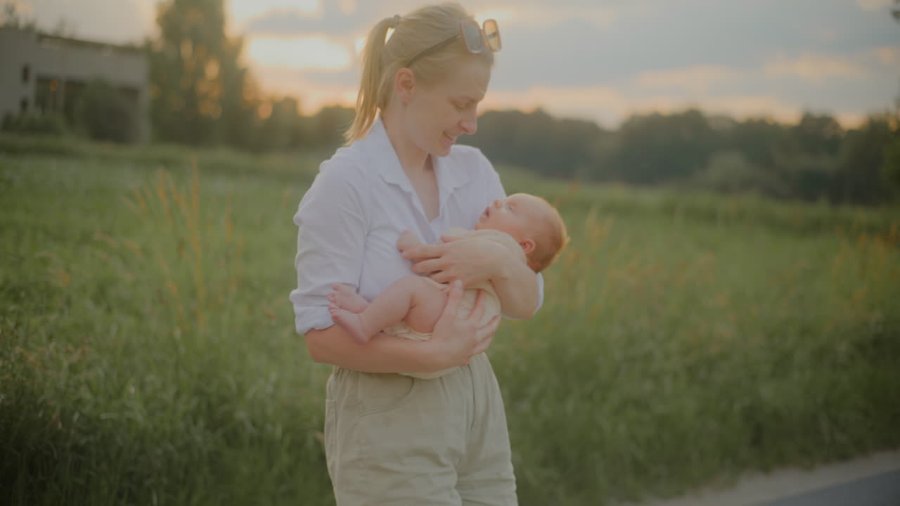 Happy Mother Dancing with Baby at Sunset