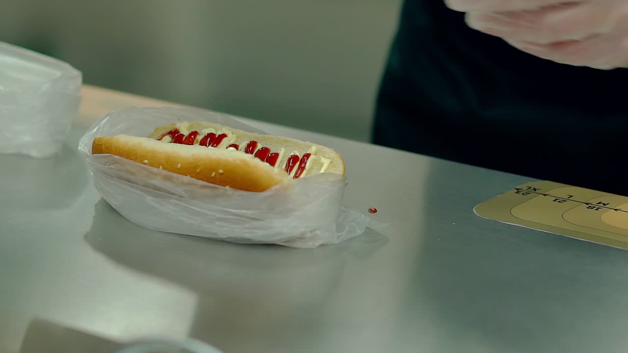 슬로우 모션 요리사는 핫도그를 준비하고 겨자로 물을 주고 있습니다.