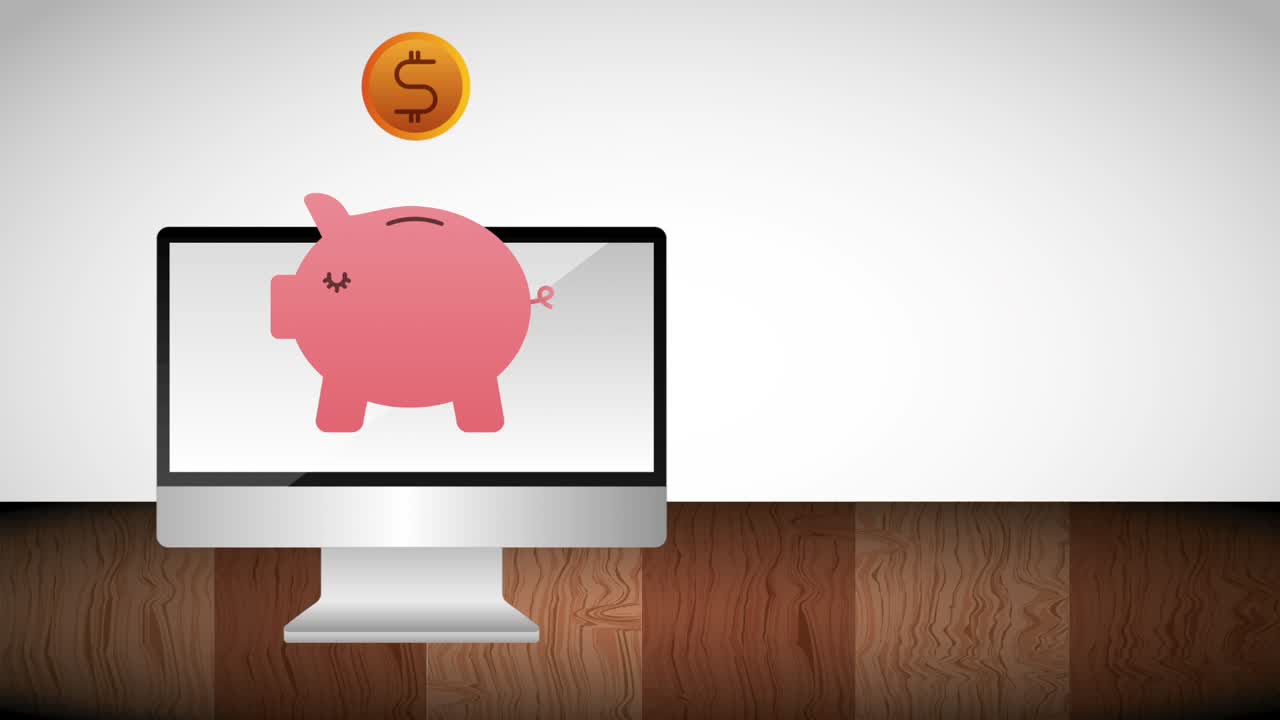 돼지 은행 동전 이 있는 컴퓨터 스크린