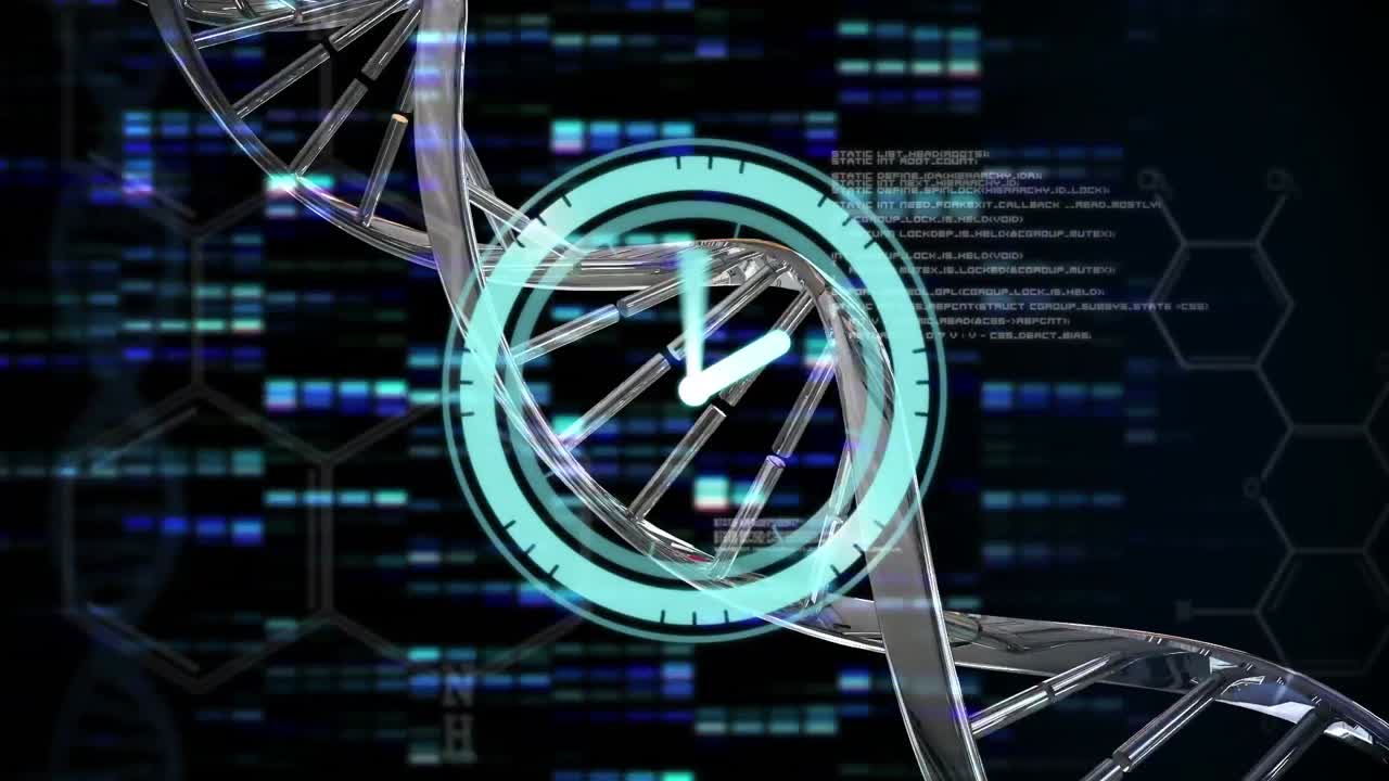 animazione di orologio digitale su elica di dna contro esagoni e barre su sfondo nero.