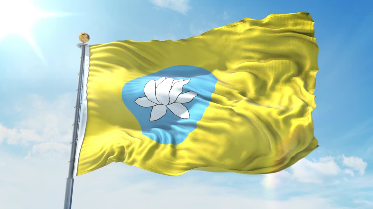 Bandiera della Calmucchia che sventola al vento contro un cielo blu intenso. Tema nazionale, concetto internazionale. Render 3D, Loop senza interruzioni 4K.